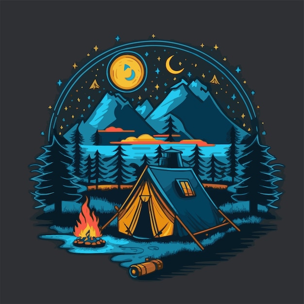 Campingzelt-Illustration mit Gebirgswald für Logo-Abzeichen-Plakat-Emblem