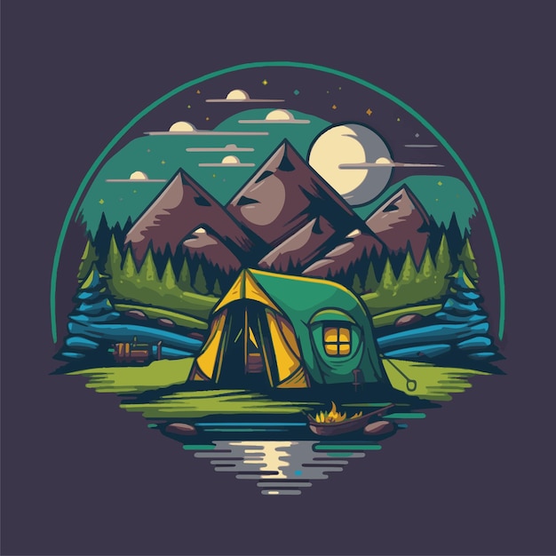 Vektor campingzelt-illustration mit gebirgswald für logo-abzeichen-plakat-emblem