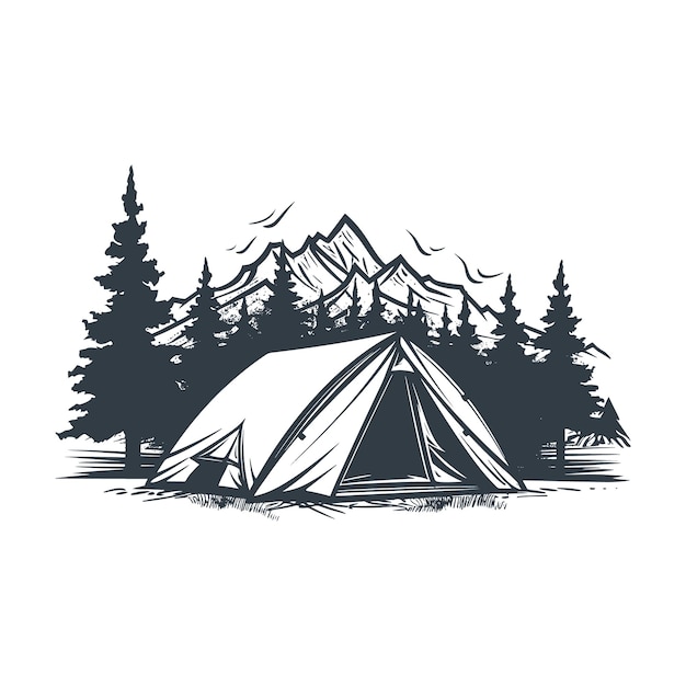 Campingzelt in Bergholzschnitt-Stil Zeichnung Vektor