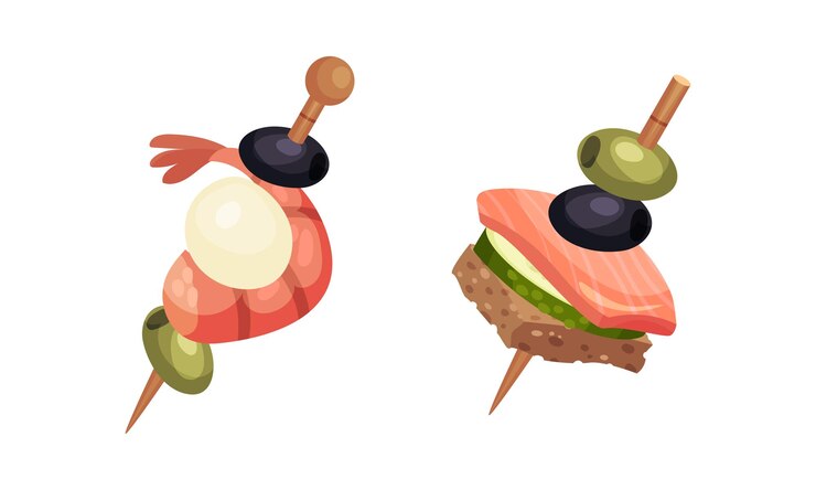 Vektor canape oder finger food auf cocktail-stick als kleines einzelnes portionsvektor-set