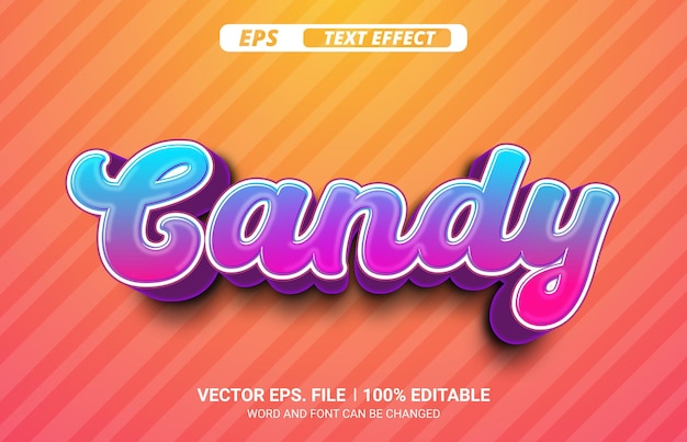 Candy 3d bearbeitbarer vektortexteffekt auf gestreiftem gelbem hintergrund