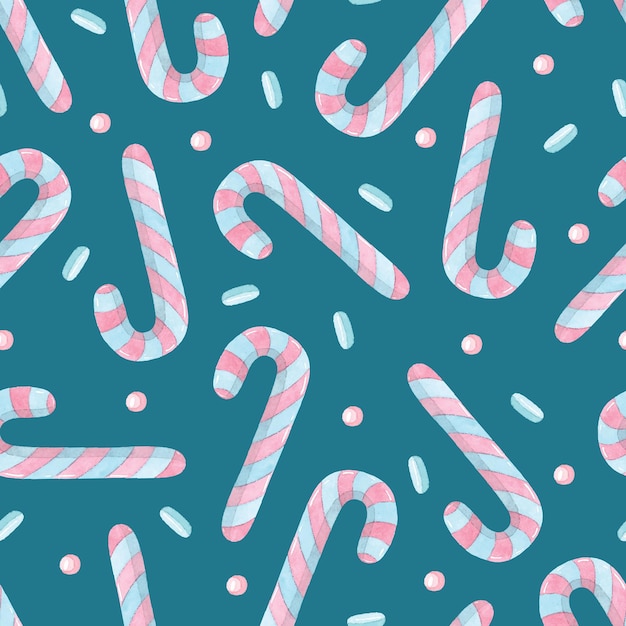 Candy Cane Aquarell nahtlose Muster Weihnachtstapete auf dunklem Hintergrund