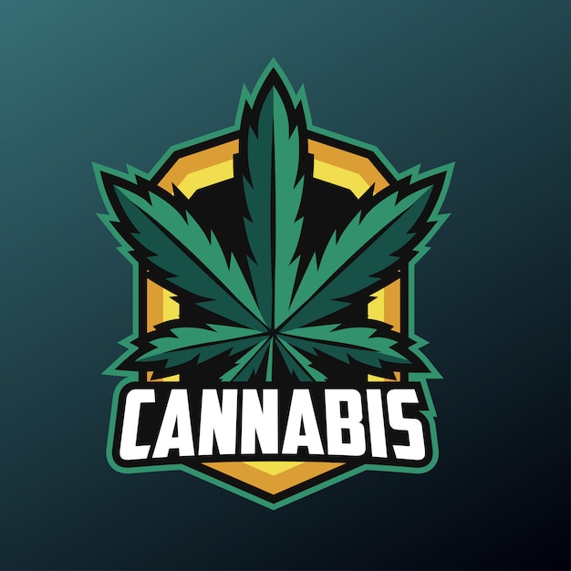 Cannabis-blatt-maskottchen für sport- und esport-logo lokalisiert auf dunklem hintergrund