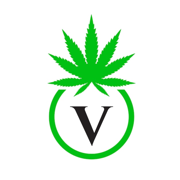 Vektor cannabis-logo-zeichenkonzept v-alphabet-symbol für therapie, medizin und gesundheitsversorgung und marihuana-logo