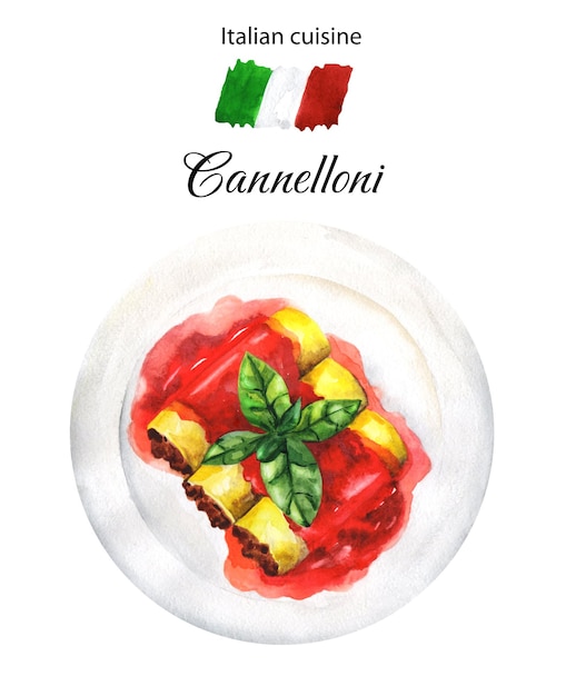 Cannelloni auf plattenaquarellillustration. italienische küche