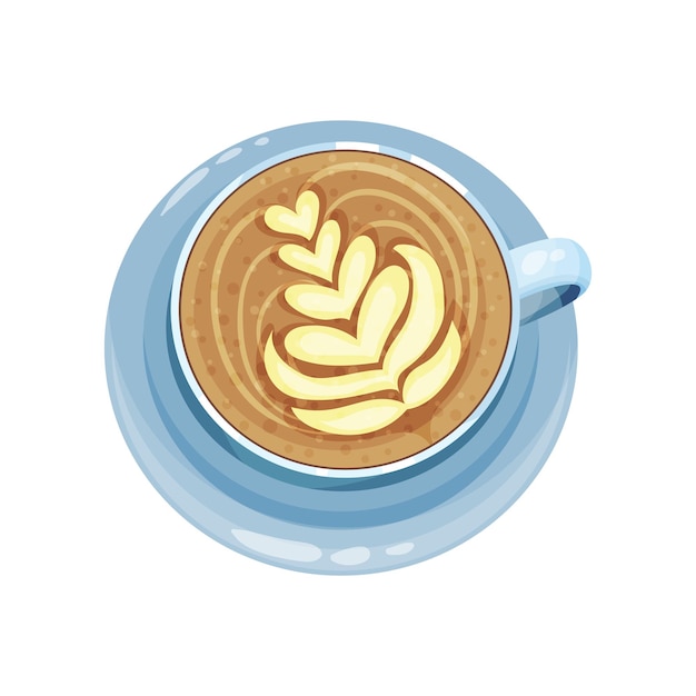 Cappuccino- oder Lattetasse mit Herzdesign auf oberen Zeichnungen auf Kaffeecrema-Vektorillustration auf weißem Hintergrund