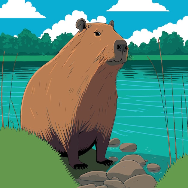 Capybara-Säugetier in der Natur am Rande eines Flusses mit Steinen auf dem Boden