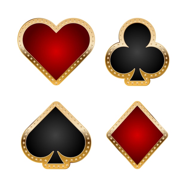 Card suits icon set für casino mit goldenem rand und sternen