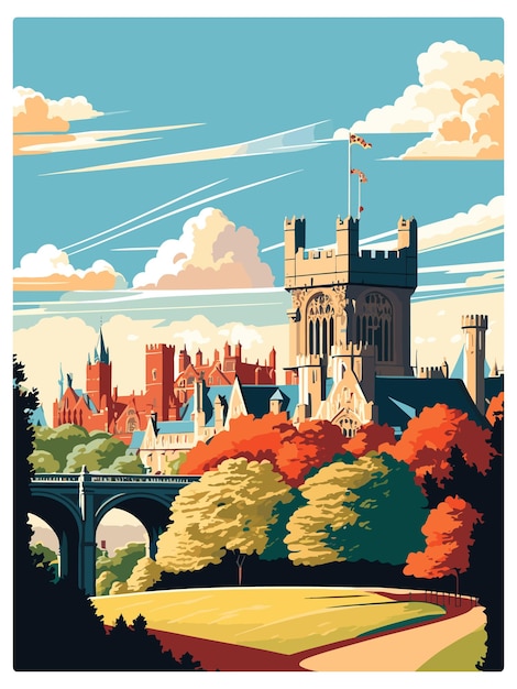 Vektor cardiff castle wales vintage reiseposter souvenir postkarte porträtgemälde wpa illustration