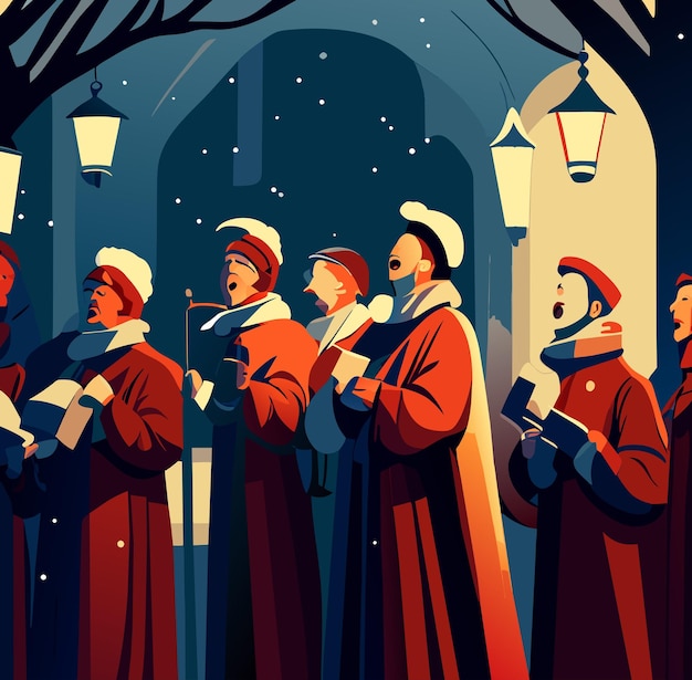Carolers singen unter einem lampenpfahl in einer modernen stadt