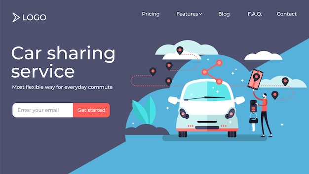 Carsharing kleines Personenvektorillustrationslandungsseiten-Schablonendesign.