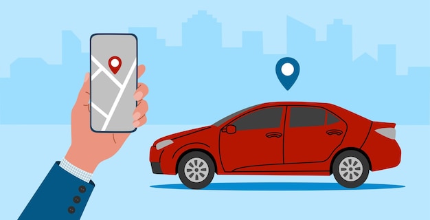 Carsharing- oder Autovermietungskonzept. Hand hält Smartphone mit Route und Punktortung