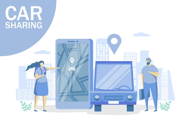 Carsharing-vektor-flache illustration. menschen, die eine mobile anwendung verwenden, um ein auto zu mieten. online-mitfahrzentrale und mietwagen-service-konzept für webbanner, website-seite usw.