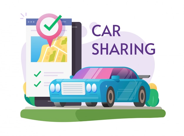 Carsharing-Vermietung über Handy-Service online oder Carsharing-Club für Autovermietung mit Smartphone Stadtplan Pin Zeiger Auto Standort Illustration