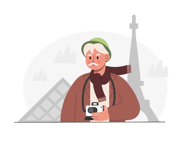 Vektor cartoon älterer touristenmann mit kamera und hut steht vor dem eiffelturm und besucht sehenswürdigkeiten im urlaub. zeit für reisen ins ausland. vektor
