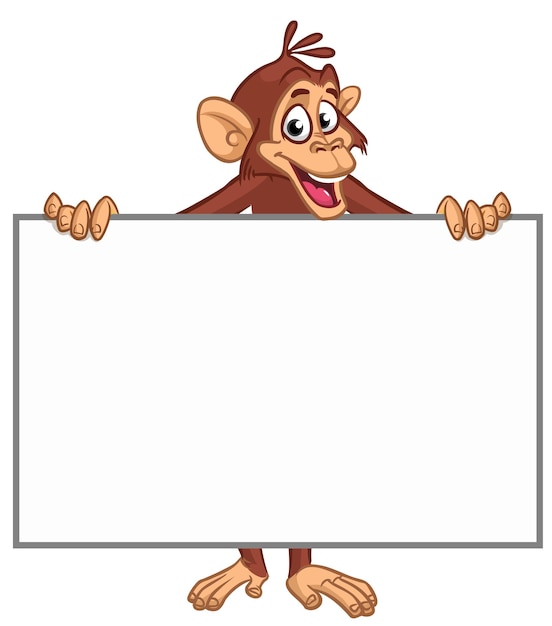 Vektor cartoon-affen-schimpanse, der leeres weißes papier oder plakat für menü oder grüße hält vektor-illustration eines glücklichen affen-charakters