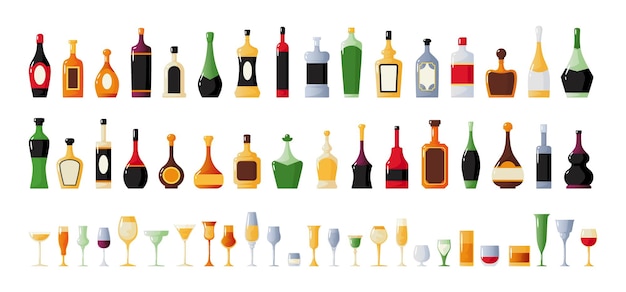 Cartoon-Alkoholflaschen Whiskey- oder Weingetränk Vermouth und Schnaps in Gläsern Barkollektion Cognac-Pakete Stemware-Formen Cocktailbecher oder Wodka-Shorts Vektorgetränke-Set