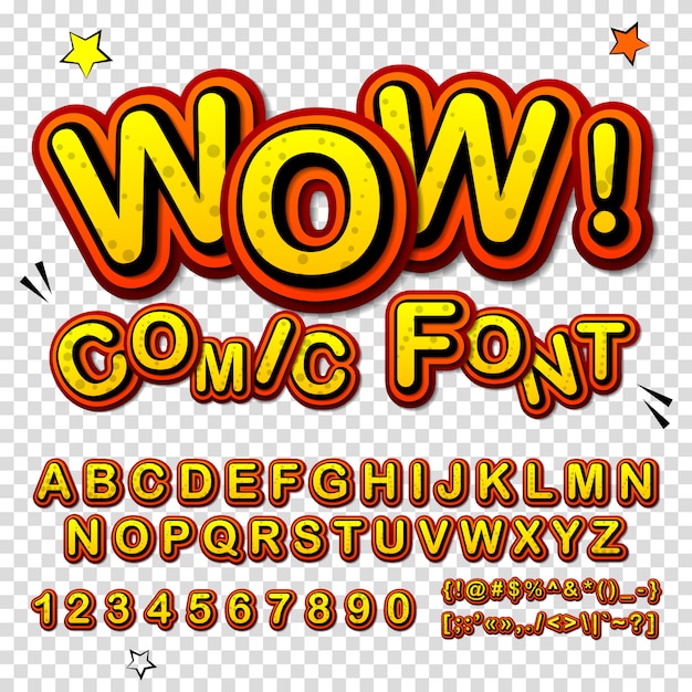Cartoon-alphabet im comic- und pop-art-stil. lustiger gelber guss von buchstaben und zahlen für dekorationscomics-buchseite