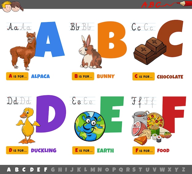 Cartoon-alphabet-lernset für kinder von a bis f