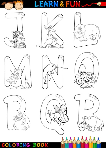Vektor cartoon alphabet mit tieren zum färben