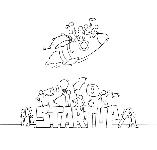 Cartoon arbeiten kleine leute mit wort startup. cartoon-vektor-illustration für business-design.