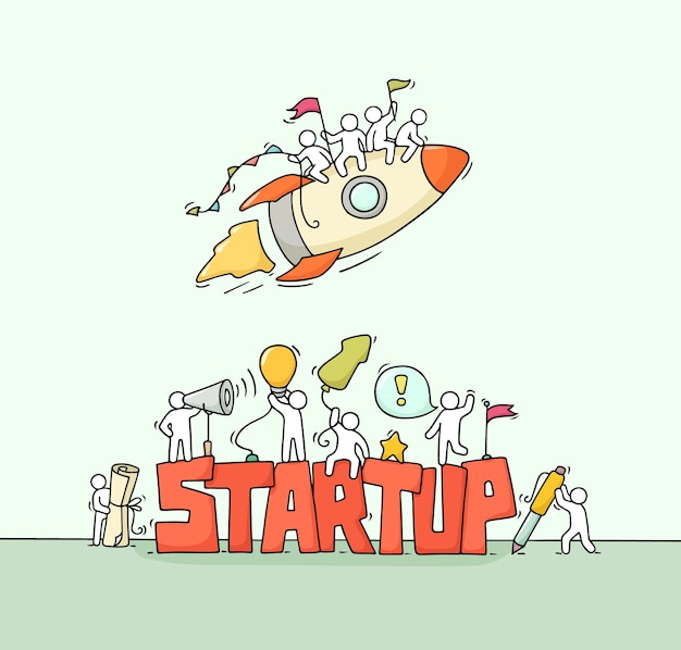 Cartoon arbeiten kleine leute mit wort startup. doodle miniaturszene von arbeitern mit rakete