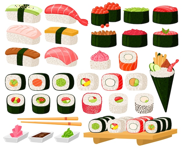 Vektor cartoon asiatische küche rollt, sushi, sashimi-gerichte. japanische orientalische küche, algen, reis, fisch und fleischgerichte vektorgrafik-set. traditionelle sushi-gerichte im sortiment mit gemüse