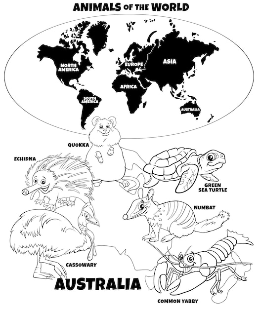 Cartoon australische tiere und weltkarte mit kontinenten malbuchseite