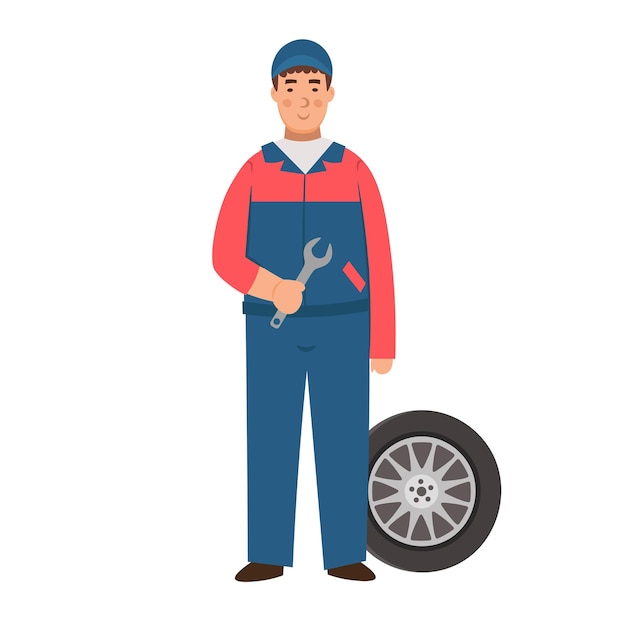 Cartoon-Automechaniker mit Schraubenschlüssel und Autorad, Charakter für Kinder. Flache Vektorillustration