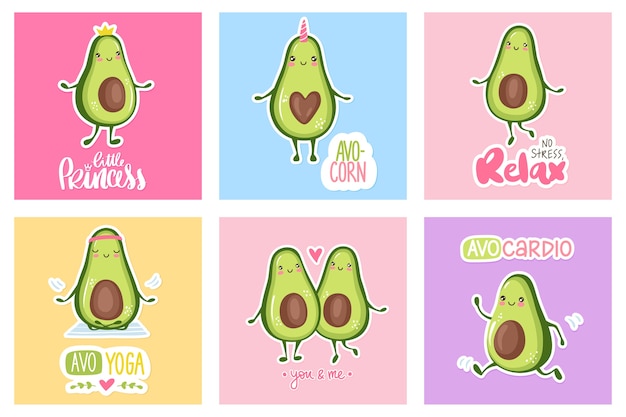 Vektor cartoon avocado charaktere. lustige fruchtsammlung lokalisiert auf weißem hintergrund. kawaii illustration.