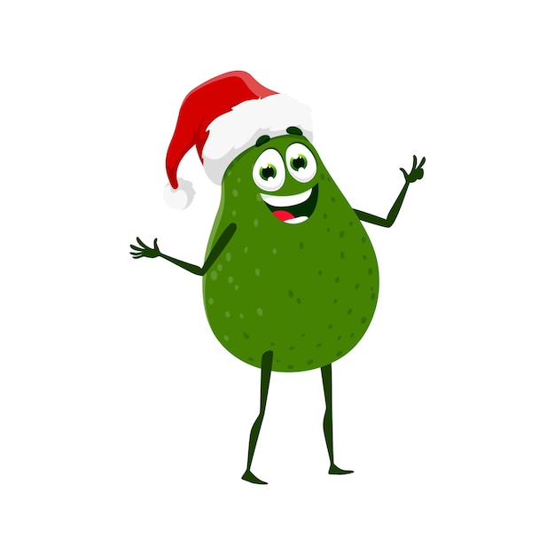 Vektor cartoon-avocado-figur mit weihnachtsmütze, weihnachtsfeier, tropische frucht, niedliche persönlichkeit oder isolierte vektor-maskottchen-winterferienzeit, lustige figur aus roher avocado mit weihnachtsmann-mütze