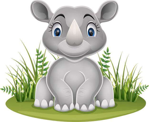 Cartoon-baby-nashorn sitzt im gras