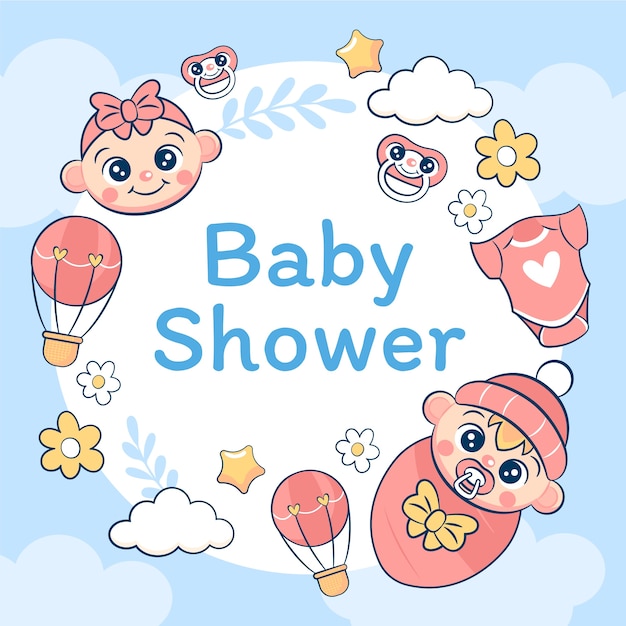 Vektor cartoon-baby-shower-hintergrund mit neugeborenen- und baby-elementen