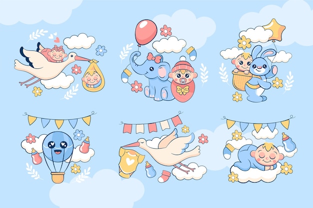 Vektor cartoon-baby-shower-mini-illustration mit niedlichen babys und storchen