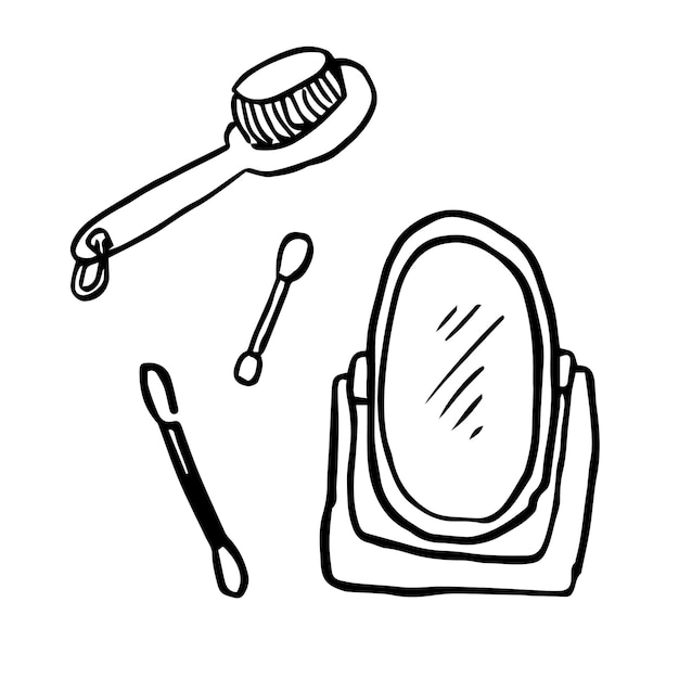 Cartoon Badzubehör Vektorsymbole schwarz auf weißem Hintergrund Spiegel Ohrstöpsel Wattestäbchen Vektor und Bürste
