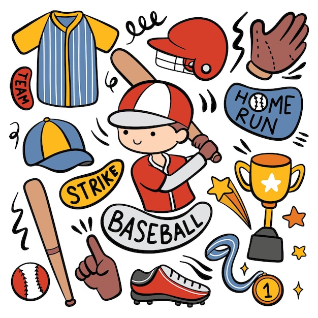 Cartoon-baseball-spieler und ausrüstung im doodle-stil