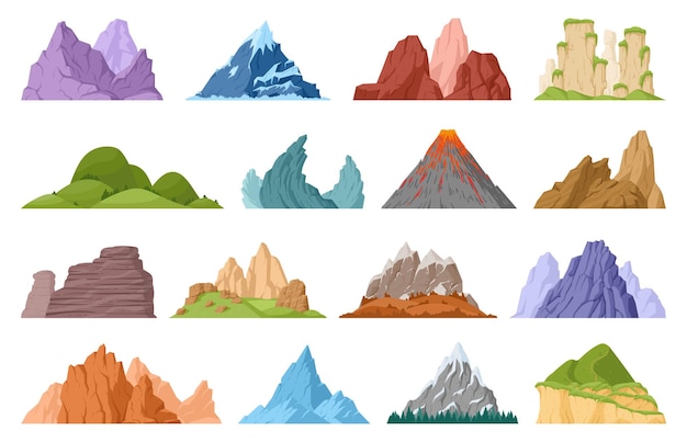 Vektor cartoon berggipfel grüne hügel und flacher vektor-illustrationssatz für gletscherberge
