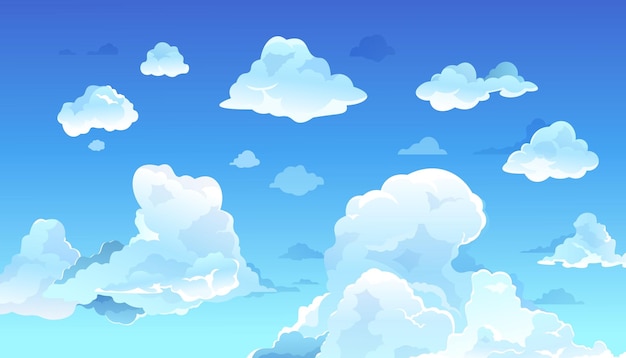 Cartoon blauer himmel realistische sommerwolken saubere naturlandschaft tagsüber bewölkter himmel wettervorhersage oder transport auf dem luftweg werbung panoramaszene vektorillustration