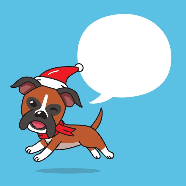 Vektor cartoon-boxer-hund mit weihnachtskostüm und sprechblase