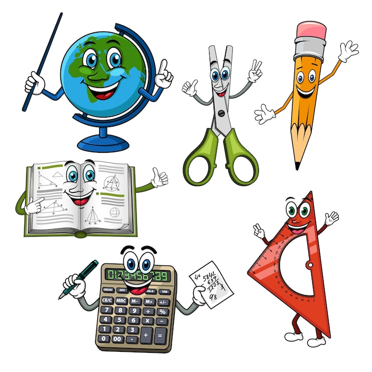 Vektor cartoon-buch, das daumen aufgibt, globus mit zeiger, taschenrechner mit stift, schere, bleistift und lineal, die hände winken. freundlich lächelnde schule liefert charaktere für das design von bildungsthemen