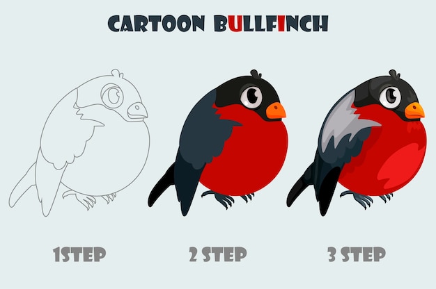 Cartoon bullfinch, isolierte 3-stufen-zeichnung. vektor wintervogel.