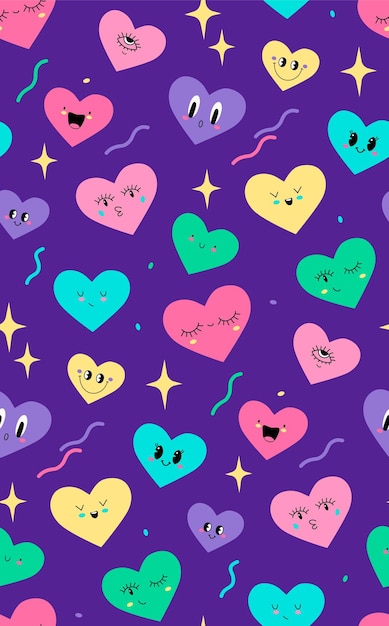 Cartoon bunte Herzform Charaktere mit lustigen Gesichtern Valentinstag Musterdesign