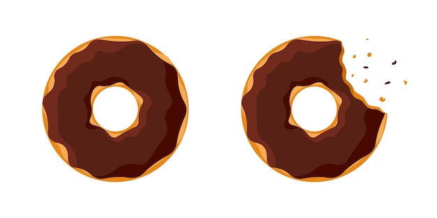 Cartoon bunte leckere donut ganz und gebissen set isoliert auf weißem hintergrund. schokoladenglasierte donut-draufsicht für kuchen-café-dekoration oder menüdesign. flache eps-vektorillustration