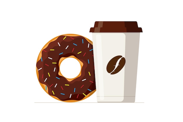 Cartoon bunter leckerer Schokoladendonut und Einweg-Papierkaffeetasse glasierter Donut mit heißem