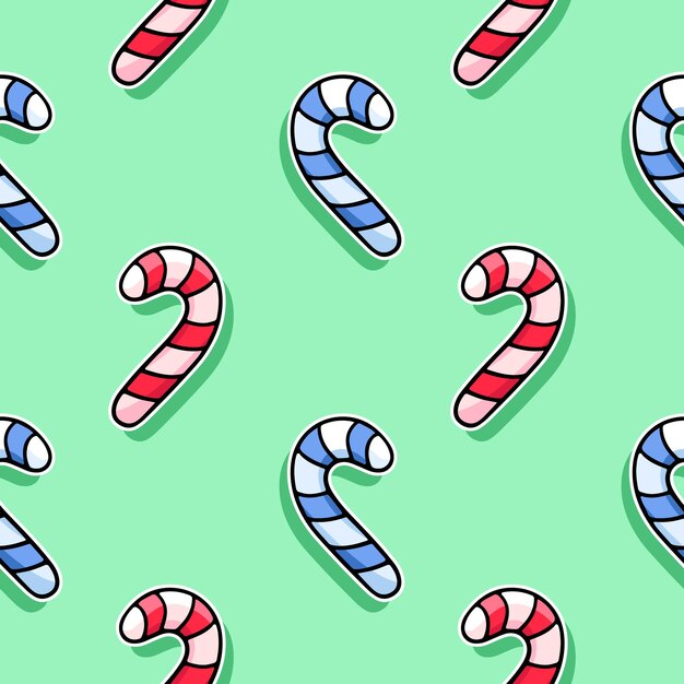 Cartoon Caramel Cane Weihnachten Lollipop Vektor nahtloses Muster im Stil von Doodles handgezeichnet