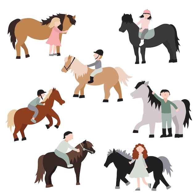 Vektor cartoon-charaktere kinder reiten ponies set freizeitaktivität oder training konzept element flach design stil vektor-illustration
