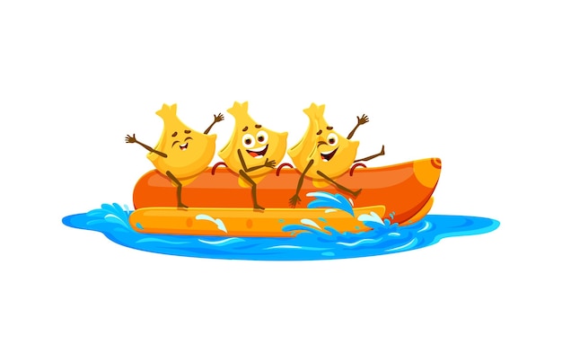 Cartoon-charaktere mit fröhlichen fagottini-pasta, die auf einem aufblasbaren bananenboot entspannen und im sommer am strand urlaub machen isolierte vektor-makaroni-charaktere engagieren sich in extremer erholungswasserattraktion