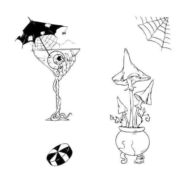 Vektor cartoon-cocktail und pilze für halloween-vektorillustration