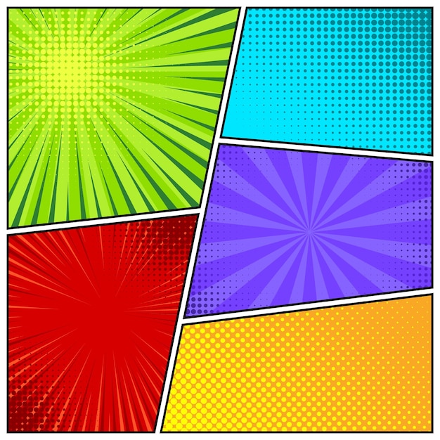 Cartoon-Comic-Hintergründe setzen Comic-Buch farbenfrohes Poster mit Halftone-Elementen in Retro-Pop-Art-Stil