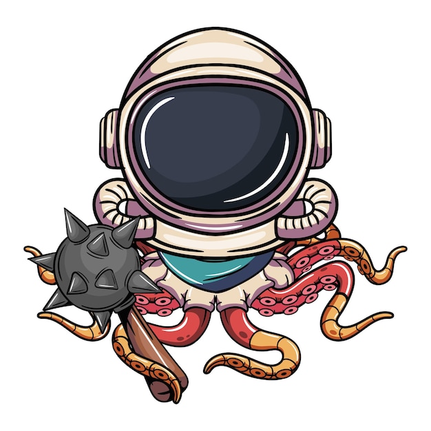 Cartoon-comicfigur oktopus-cyborg-astronaut mit raumanzug und kriegsstreitkolben